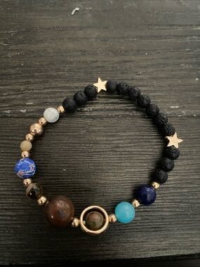 Gold Star Black Lava Bead Stretch Bracelet with Multi-Color Gem Accents
